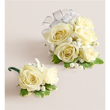 White Spray Corsage & Bout Silver Bow
